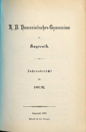 Jahresbericht : für das Schuljahr ... 1891/92
