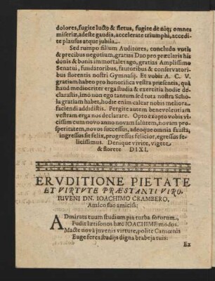 Eruditione Pietate Et Virtute Praestanti Viro Iuveni Dn. Joachimo Crambero