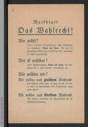 Ausschuß der Frauenverbände Deutschlands - Merkblatt: Das Wahlrecht