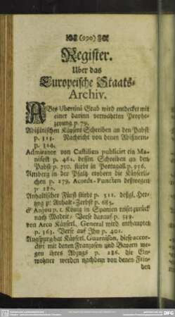 Register. Ueber das Europeische Staats-Archiv