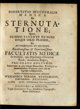 Dissertatio Inauguralis Medica De Sternutatione