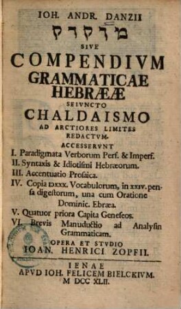 Compendium grammaticae Hebraeae, sejuncto Chaldaismo ad arctiores limites redactum