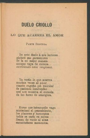 Duelo criollo : Lo que acarrea el amor. Parte segunda
