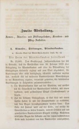 Zweite Abtheilung. Armen-, Almosen- und Stiftungssachen; Kranken- und Pfleg-Anstalten