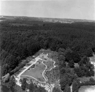 Hof von Familie Voss (Seebergen 25): Luftbild: im Vordergrund Karpfenteich, im Hintergrund links kleiner Teil vom Lütjensee