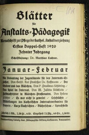 Januar-Februar: Erstes Doppelheft 1920
