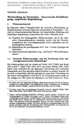 Wortstellung im Deutschen - theoretische Rechtfertigung, empirische Begründung