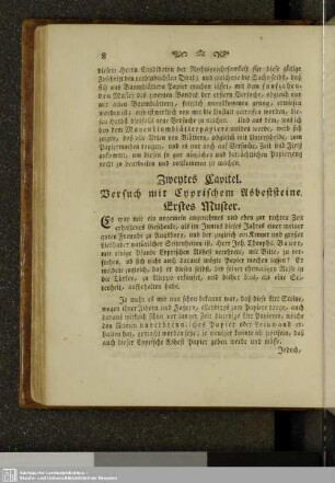 Zweytes Kapitel. Versuch mit Eyprischem Asbeststeine. Erstes Muster.