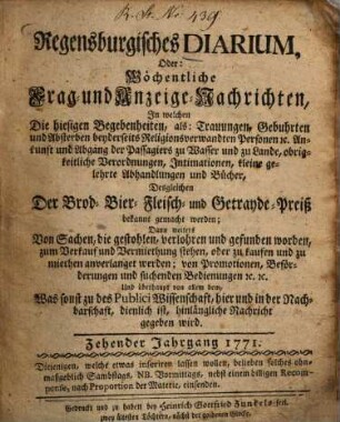 Regensburgisches Diarium oder wöchentliche Frag- und Anzeige-Nachrichten. 1771 = Jg. 10
