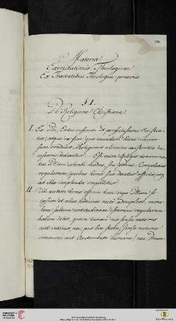 Material- und Thesensammlung: Materia Exercitationis Theologicae Ex Tractatibus Theologiae praeviis § I. De Religione Christiana