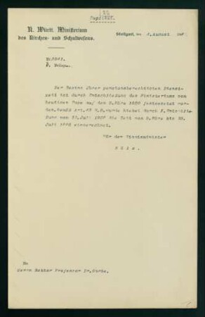 Festlegung der pensionsberechtigten Dienstzeit, Stuttgart, 04.08.1908.
