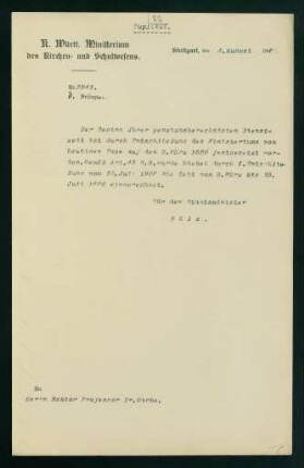 Festlegung der pensionsberechtigten Dienstzeit, Stuttgart, 04.08.1908.