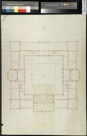 Grundriss eines quadratischen Schlossneubaus (Variante mit quadratischem Hof) mit Variante des Treppenhauses auf einer Tektur