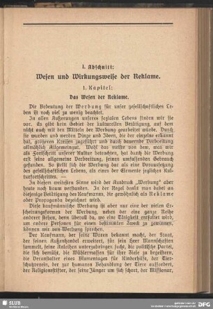 1. Abschnitt. Wesen und Wirkungsweise der Reklame