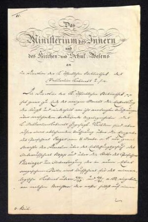 Handschriftliches ministeriales Schreiben an die K. Direktion der öffentlichen Bibliothek des Naturalienkabinetts