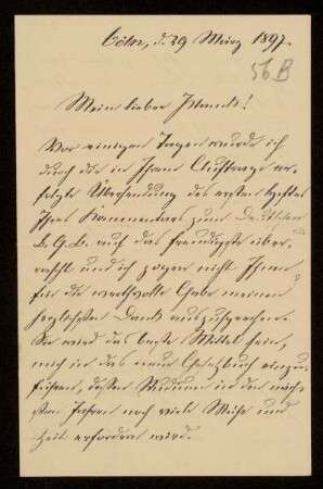 56 B: Brief von Johannes Struckmann an Gottlieb Planck, Köln, 29.3.1897