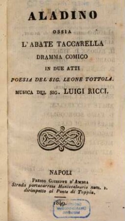 Aladino ossia L'Abate Taccarella : dramma comico in due atti