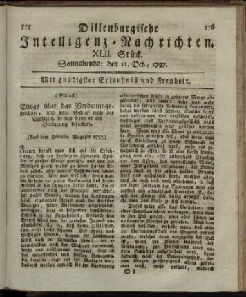 XLII. Stück. Sonnabends: den 21. Oct. 1797.