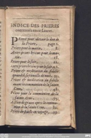 Indice Des Prieres contenuës en ce Livret.