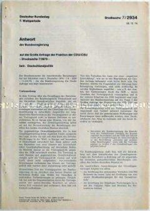 Dokumentation des Bundestages mit der Antwort der Bundesregierung auf eine Anfrage zur Deutschlandpolitik