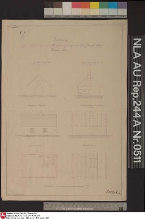 Ansichten, Profile, Balkenlage und Grundriß zu einem Backhaus der Domäne Kloster Schoo bei SCHOO Kolorierte Zeichnung von H. Balke Papier Format 28,2x41,7 M 1:130