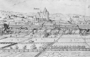Neudresden und Altendresden : Gabriel de Thola. Neudresden und Altendresden von Osten. Federzeichnung in Braun. Um 1550. Ausschnitt: Kreuzkirche und Zeughaus. Dresden: Stadtmuseum