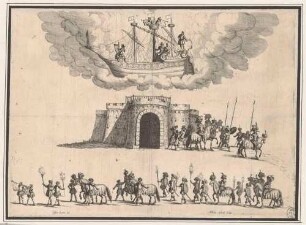 Achter Aufzug zur Turnieroper "Antiopa Giustificata", aufgeführt 1662 in München zur Taufe von Maximilian II. Emanuel von Bayern, veröffentlicht mit dem Libretto und in den "Scene dei drammi di P. P. Bissari"