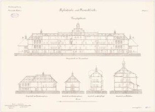 Universität Breslau Klinische Neubauten. Psychiatrische und Nervenklinik: Hauptgebäude: Querschnitt und Längsschnitte 1:150