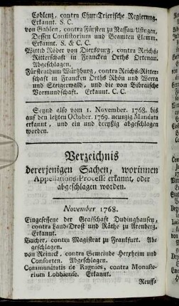 Verzeichnis dererjenigen Sachen, worinnen Appellations-Processe erkannt, oder abgeschlagen worden.