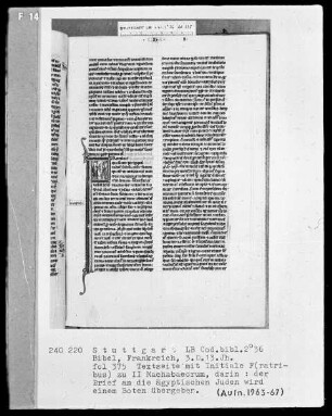 Bibel — Initiale F (ratribus), darin Briefübergabe, Folio 375recto