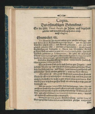 Copia. Des erstmahligen Bedenckens ...