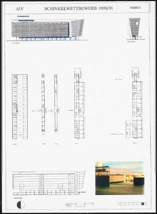 Neugestaltung der Spreeufer von Friedrichshain und Kreuzberg, Berlin Schinkelwettbewerb 1991: Wohngebäude: Grundrisse, Ansichten, Schnitte 1:200, Modellansicht