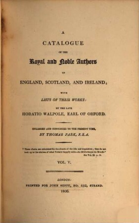 A catalogue of the royal and noble authors of England, Scotland and Ireland : with lists of their works, 5