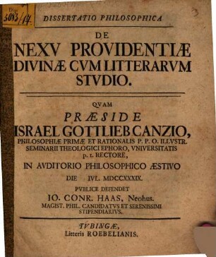 Disp. philos. de nexu providentiae divinae cum litterarum studio