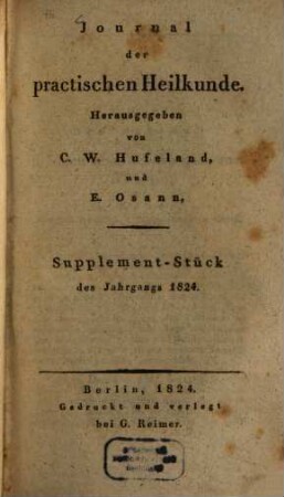 Journal der practischen Heilkunde. [63,a]. Suppl.-Stück 1824 - 1826