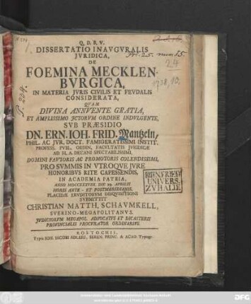 Dissertatio Inavgvralis Jvridica, De Foemina Mecklenbvrgica In Materia Jvris Civilis Et Fevdalis Considerata