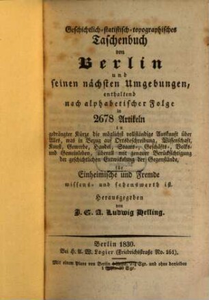 Geschichtlich-statistisch-topographisches Taschenbuch von Berlin und seinen nächsten Umgebungen