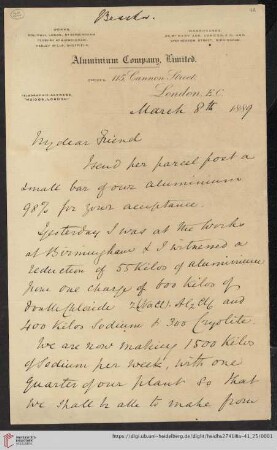 Briefe von Henry E. Roscoe an Robert Wilhelm Bunsen: Brief von Henry E. Roscoe an Robert Wilhelm Bunsen