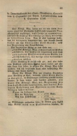 8. Immediatbericht des Etats-Ministers v. Cocceji vom 2. September und Allerh. Kabinets-Ordre vom 4. September 1746.