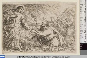 Christus über das Meer laufend hält die Hand Petrus´