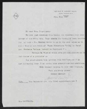 Brief von Thomas Barclay an Margarete Hauptmann