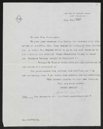 Brief von Thomas Barclay an Margarete Hauptmann
