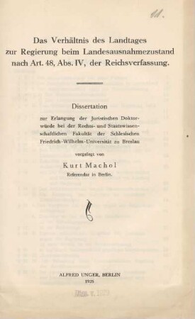 Das Verhältnis des Landtages zur Regierung beim Landesausnahmezustand nach Art. 48, Abs. IV, der Reichsverfassung