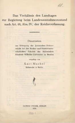 Das Verhältnis des Landtages zur Regierung beim Landesausnahmezustand nach Art. 48, Abs. IV, der Reichsverfassung