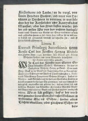 Littera F. Extract Priuilegii Successionis vonn Keyser Carl den Fünfften Hertzog Wilhelmen gegeben Anno1546. ...