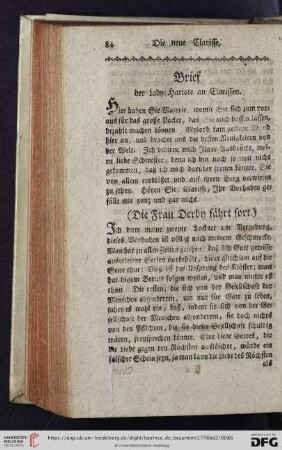 Brief der Lady Hariote an Clarissen