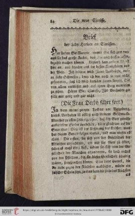 Brief der Lady Hariote an Clarissen