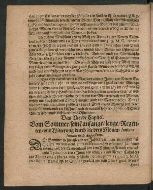 Das Vierdte Capitel. Vom Sommer/ seine[m] anfange/ lenge/ Regenten/ und Witterung durch die drey Monat/ Iunium Iulium und Augustum.