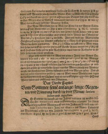 Das Vierdte Capitel. Vom Sommer/ seine[m] anfange/ lenge/ Regenten/ und Witterung durch die drey Monat/ Iunium Iulium und Augustum.