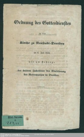 Ordnung des Gottesdienstes in der Kirche zu Neustadt-Dresden : am 6. July 1839 als am Festtage der dritten Jubelfeier der Einführung der Reformation in Dresden